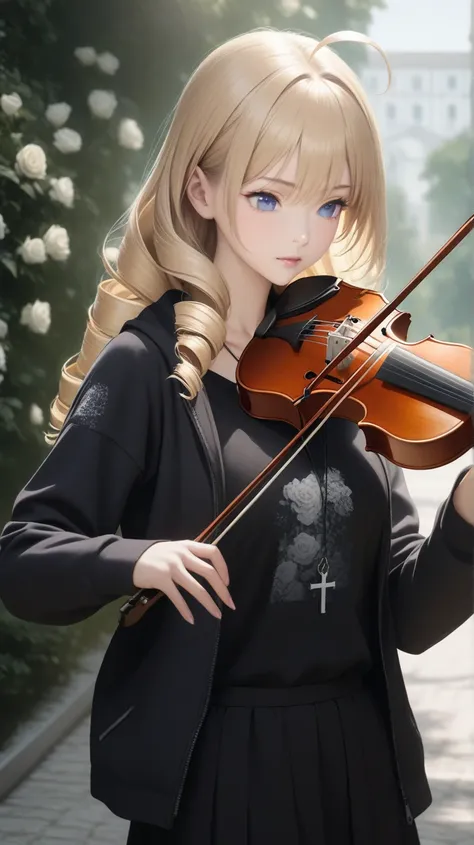 a woman, upper body, blonde, Long Hair, Drill Hair, Ahoge, blue eyes, slant eyes, narrow eyes, red open hoodie, sleeves past wrists, cross necklace, Black T-shirt with White roses print, Black mini skirt, playing instrument, violin, upper body, background ...