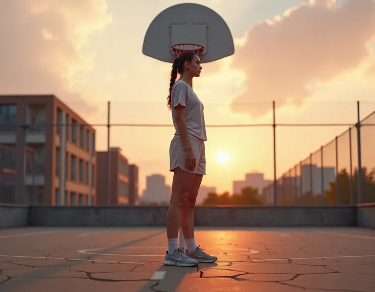 A young woman, around 18 years old, stands alone at the center of an urban basketball court at dawn. The lighting is soft, with golden rays of the rising sun gently illuminating the scene. She wears a worn-out pair of Nike sneakers, showing visible signs o...