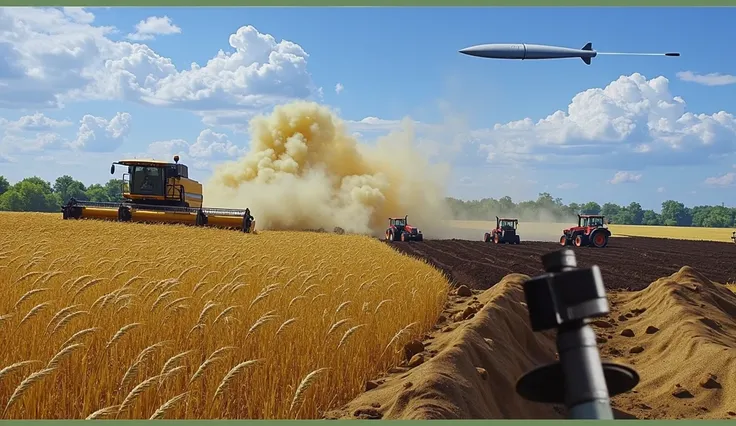 Illustration depicting a combine harvester in a field harvesting wheat, and three tractors plowing the field in the plowing field. The field shows craters from shell explosions, shell fragments and a burnt tank, a rocket flies in the sky 