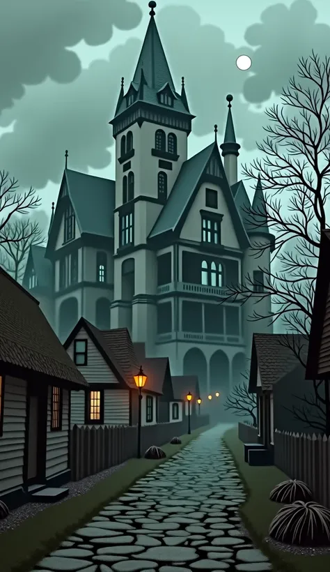  An old Gothic style house ,  with frayed walls and broken windows . The village is small ,  with cobblestone streets and rustic houses in the background.  The house is stately and gloomy ,  surrounded by a faint haze .  The lighting is dim ,  with a cloud...