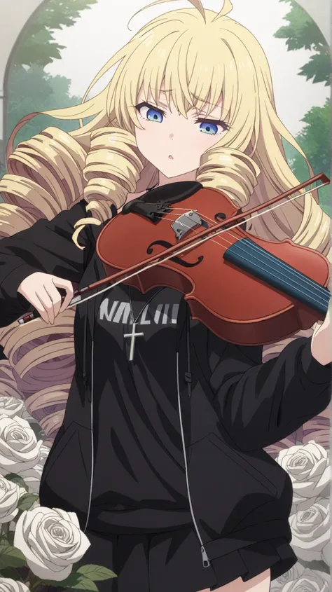 a woman, upper body, blonde, Long Hair, Drill Hair, Ahoge, blue eyes, slant eyes, narrow eyes, red open hoodie, sleeves past wrists, cross necklace, Black T-shirt with White roses print, Black mini skirt, playing instrument, violin, upper body, background ...