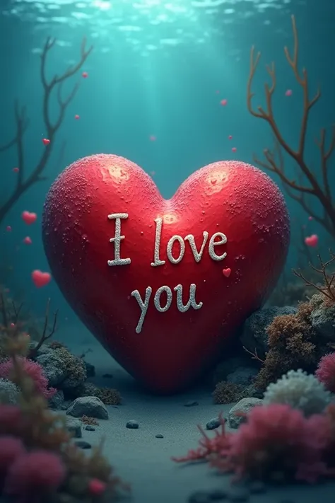 Red heart ,  written I love you ,  placed on the bottom of the sea