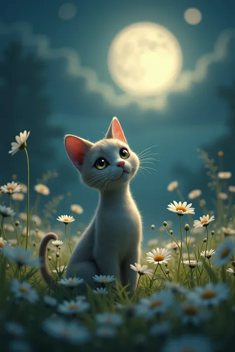 A cat with daisies on a moonlit night