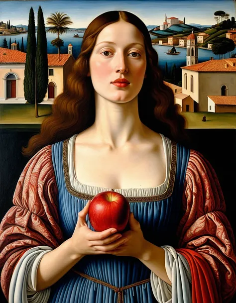  painting of a woman holding a red apple in her hand,  lower  Сандро Боттичелли,  inspired by Sandro Botticelli , inspired by Ertgen van Leyden,  Inspired by Filippino Lippi ,  inspired by Gerard David ,  lower , combining botticelli ,  inspired by Pietro ...