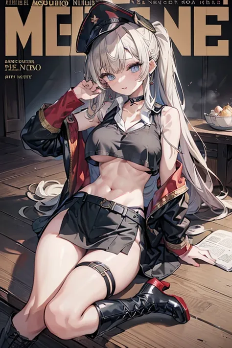 (masterpiece:1.2), (Military uniform magazine cover:1.6),best quality,PIXIV,Sweet girl , sexy posture,1girl, (perky chest:1.2), rolling upskirt by wind:1.6, (with sparkling eyes and a contagious smile),open mouth, (pointed chest:1.2),fishnets, black hair, ...