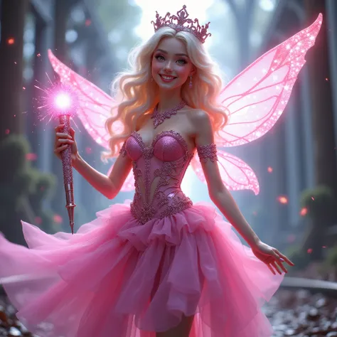  fairy in pink queen dress , armed skirt , wand,  delicate holographic wings she looks at the camera with a cheerful smile 