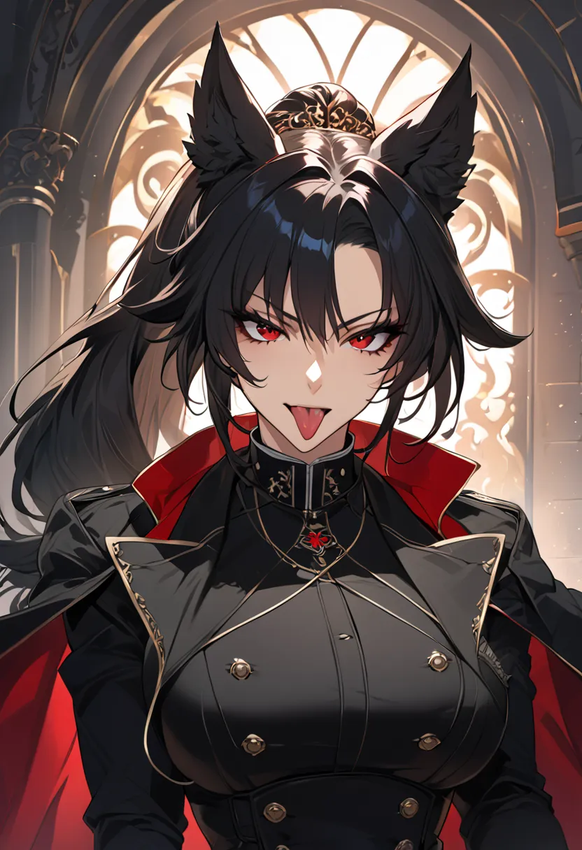 beautiful anime woman wearing a black military trench coat, tight black jeans pants, wolf ears, wolf tail, half wolf and half hu...