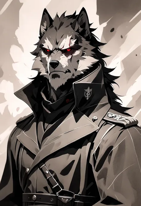 Handsome anthropomorphic black wolf wearing all black german style military outfit, detailed black fur, scar on eye, red eye color, evil, villain, sexy, masculine, cold expression, superiority complex, rugged, military general, intimidating, black and whit...