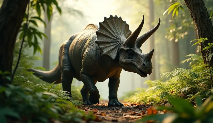 " An ultra realistic and cinematic image of a Triceratops in a forest from the time of the dinosaurs.  The scene shows an imposing Triceratops ,  with its three horns and large bony shield on the head ,  moving through the dense vegetation of the forest . ...