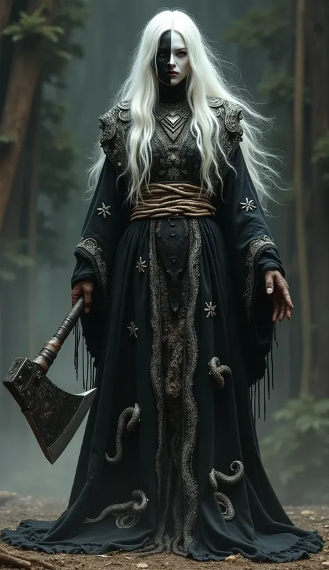 Make a drool yaga with a two-sided mask, one black and one white.,  her hair is white and she wears a black and white robe with some snake designs and a bone cord and uses a large axe make her creepy