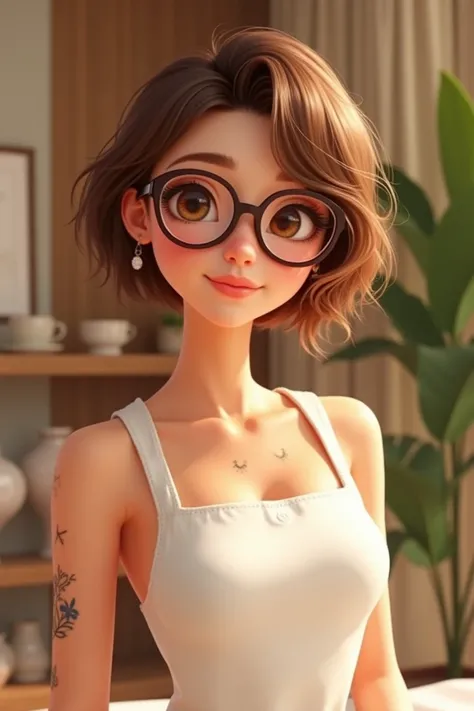 Une belle fille aux cheveux châtains coupe au carré , de fines lunettes, elle porte tablier blanc. Elle est masseuse dans son institut.Elle a les yeux marron clair. elle est très mince.
Quelques petits tatouages.
#pixar