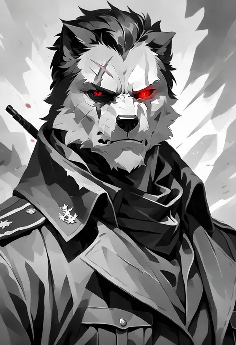  anthropomorphic black wolf wearing all black german style military outfit, detailed black fur, scar on eye, red eye color, evil, villain, sexy, masculine, cold expression, superiority complex, rugged, military general, intimidating, black and white clothi...