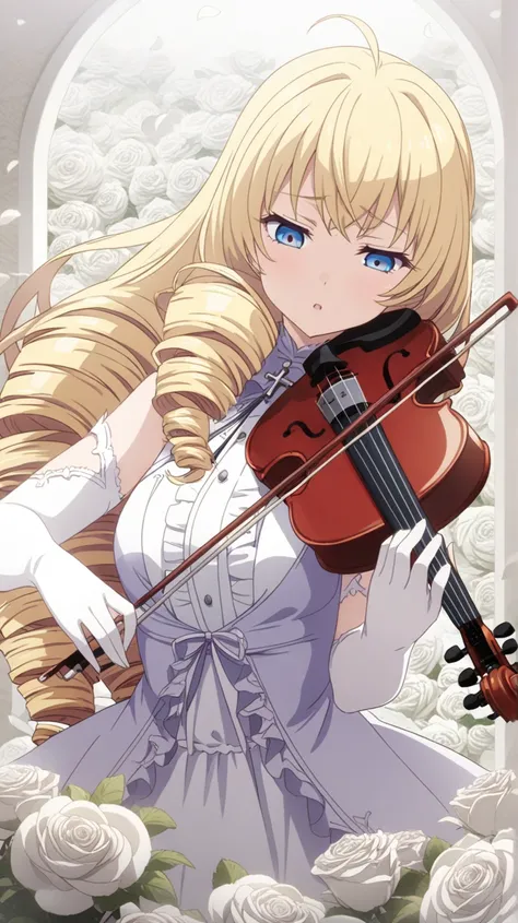 a woman, upper body, blonde, Long Hair, Drill Hair, Ahoge, blue eyes, slant eyes, narrow eyes, red open hoodie, sleeves past wrists, cross necklace, white rococo dress,  elbow gloves, playing instrument, violin, White rose petals fluttering, background of ...