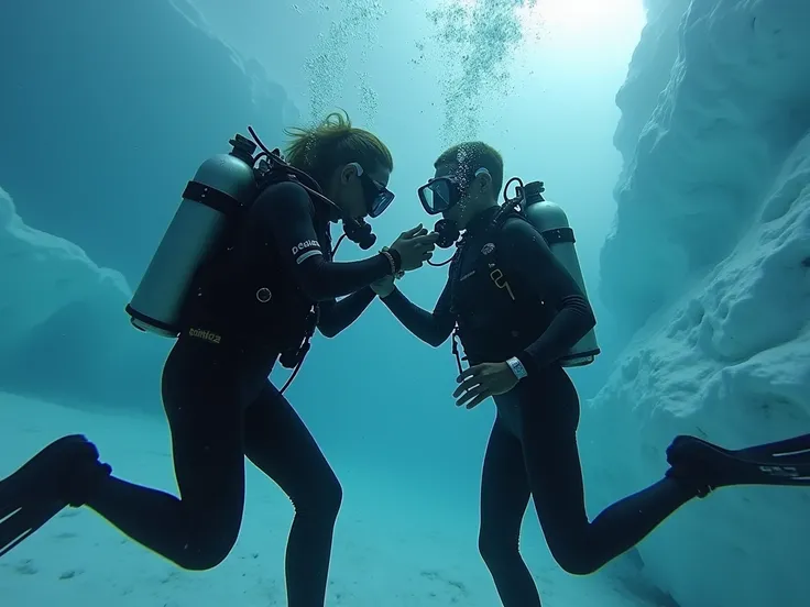 Sexy women  wearing heavy scuba gear and fins trapped under the ice in Antarctica and surprised  looking  her scuba buddy  because she runned out of air and in her panic because she cant breathe trying to go the  surface but her scuba buddy hold her down a...