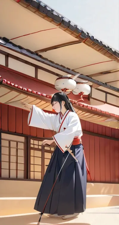 (( profile,  standing kyudo style )), ( holding a Japanese longbow on the left hand :1.2), (, push forward the left hand holding a Japanese longbow {x}), (Alone:2, 15) ( beautiful bangs with attention to detail :1.3) ( beautiful and sexy black hair, very l...