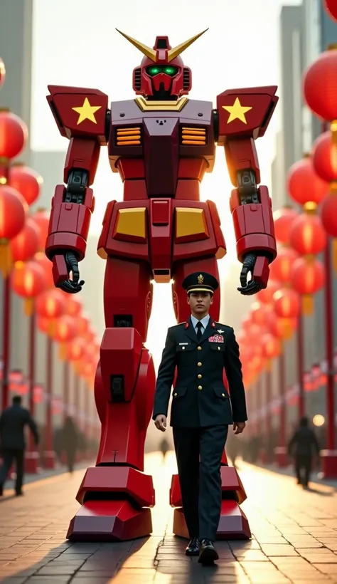 A Chinese soldier in formal military dress uniform marches alongside a 20-meter Gundam clad in red and gold, representing the Chinese flag. The massive robot exudes power, with glowing golden stars on its shoulder plates. They traverse a grand avenue with ...