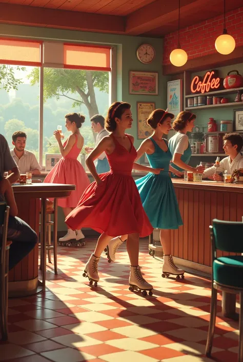 Coffee shop from the 1950s with workers in skates with skirts of the time