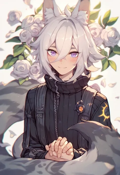 Seth, low slim, white hair, purple eyes, hair between eyes, animal ears, long grey tail, black vest, smiling, blushing, wedding, wedding background, looking at viewer, marrying viewer, holding hand of viewer