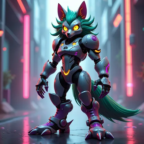 " A robotic character inspired by an anthropomorphic wolf ,  with a futuristic and elegant design .  His body is metallic and stylized ,  with predominant colors such as silver and purple ,  accented with shades of neon green .  He has bright eyes of an in...