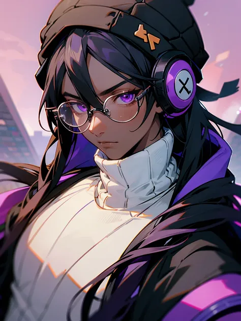 1male, dark skin, black hair, dreads, beanie, headphones, glasses, turtle neck sweater. purple eyes, outised stadium, crowded