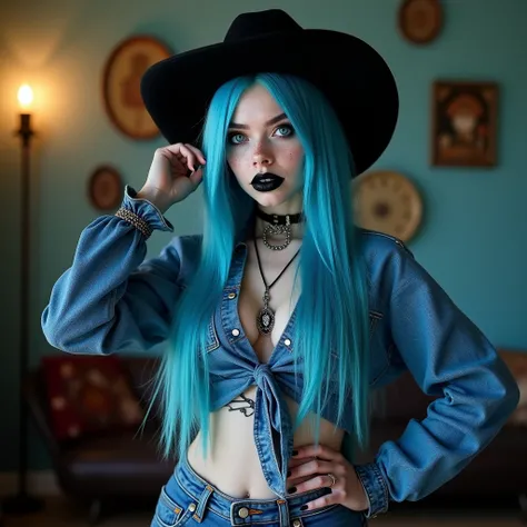  teenage woman Cazu young 21 years old ,  blue eyes, long neon blue straight hair , bright white skin,  with big shiny black lips ,  gothic makeup and pierced tattoos with freckles , wears a sexy denim blouse with a denim miniskirt ,  wearing a black cowbo...