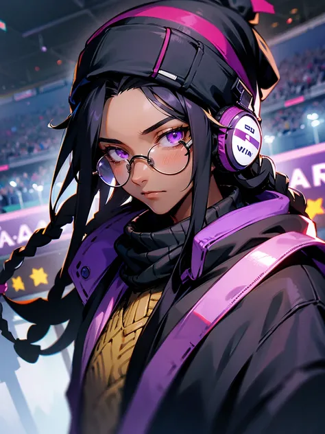 1male, dark skin, black hair, dreads, beanie, headphones, glasses, sweater. purple eyes, outised stadium, crowded