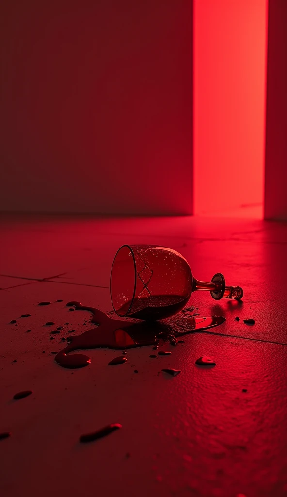 A broken wine glass on the floor, red liquid spilled, spreading like blood on the gallery floor, illuminated by the dark red light.