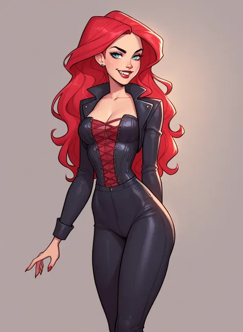 Jabstyle, A striking vampire woman with long, flowing red hair, pale, flawless skin, and piercing blue eyes that shimmer with a supernatural glow. She wears a fitted black jacket over a deep crimson corset, accentuating her figure, along with sleek leather...