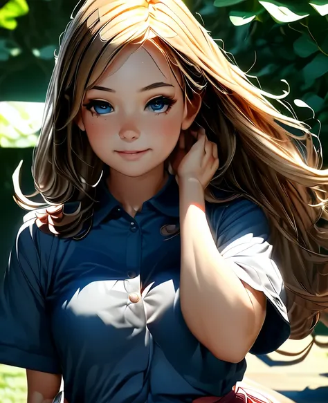  An anime girl with long hair and a blue shirt is posing for a photo,  realistic animated 3D style , 3D Anime Real,  Photorealistic Anime ,  Photorealistic Anime  girl render, smooth anime cg art, Anime Styled 3d,  realistic anime art style,  ANIME REALISM...