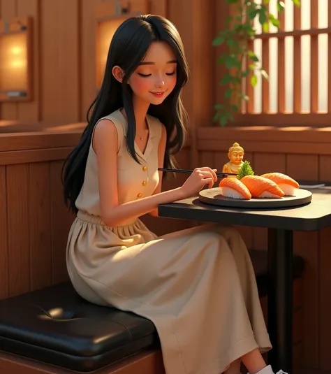 Woman 30 years, long straight black hair, wearing creme short sleeve buttoned vest and creme long loose trousers with white sneakers. At Sushi restaurant with wood slat paneling in walls, black rectangular tables, sitting on black leather upholstered bench...