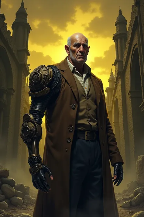 berserk manga style, dark fantasy style, dark souls style, Thomas Edison, balding old half chubby man, sort of a round face, gray gray hair, elegant clothes, Wears brown old man clothes, mechanic prosthetic arm with gears across his arm. In one hand, steam...