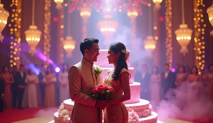 The atmosphere at the wedding, the beautiful Thai bride and groom, smiling faces, colorful lights, smoke on the floor, cake on the stage. It is a very elegant event. The details are very realistic.