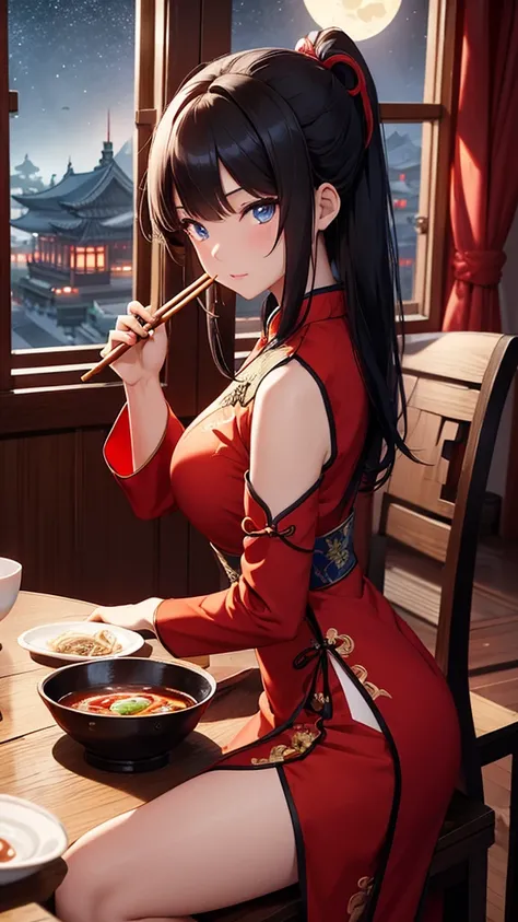 Chinese Geichan girl with a sword wearing red Chinese dress, black hair and blue eyes eating funa Chinese soup with chopsticks in a room of an old Chinese house with a window at night with the moon in the background