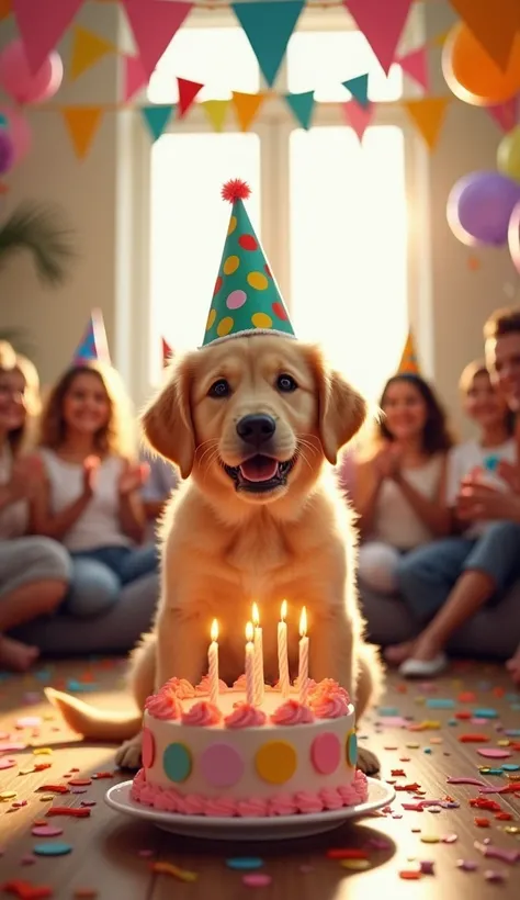 An ultra-realistic and heart-melting scene of an adorable golden labrador puppy, sitting proudly as the center of attention at a vibrant indoor birthday celebration. The puppy wears a colorful party hat covered in playful polka dots, its big, sparkling eye...