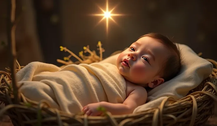 A baby Jesus in a straw crib with open eyes looking at the camera with a star illuminating his crib