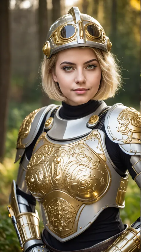 beautiful busty 18 yo german woman, heavy knights armor with golden ornaments in starwars stormtrooper style, realistic skin, realistic hazel eyes, decent makeup with eyeliner, movie-style image, shy smile, high quality clothes look, BLONDE bob, bright-col...