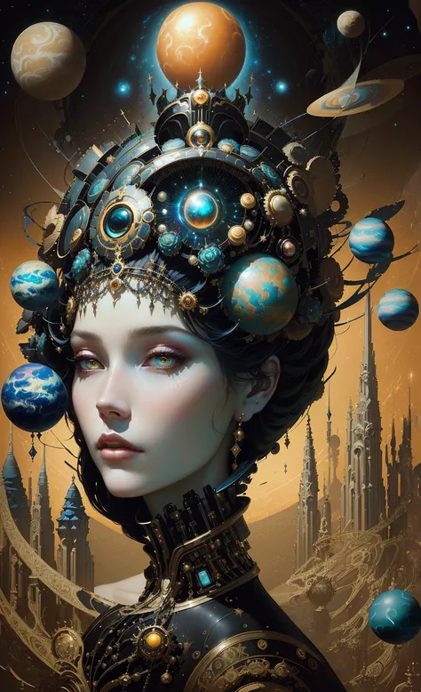 a painting of a woman with a large headpiece and many planets, portrait of a cyborg queen, portrait of a cosmic goddess, benjamin lacombe, greg beeple, natalie shau tom bagshaw, pop - surrealism, fantasy surrealism, lady of the entropy, karol bak and peter...