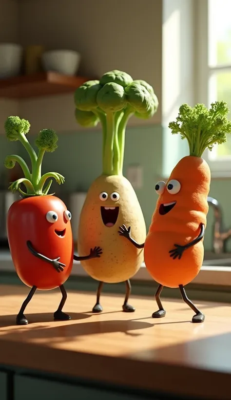 A realistic tomato,potato and carrot with human legs and arms, walking on a kitchen counter, in a playful and humorous style.