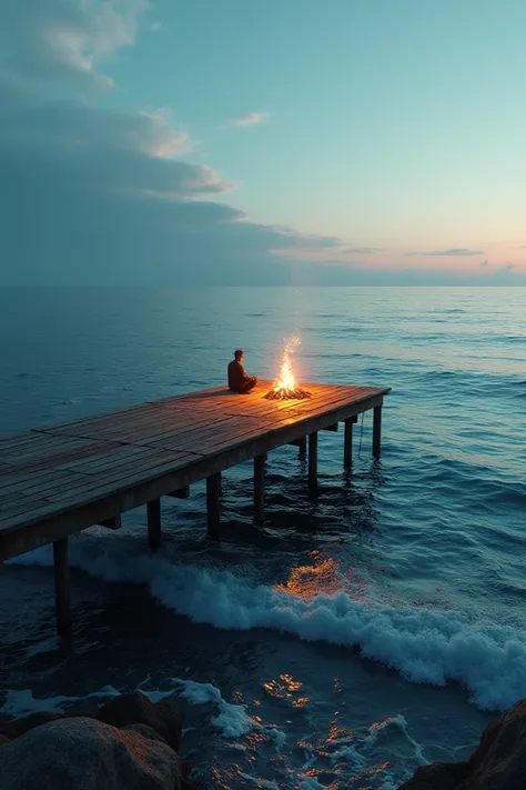 Floating pier in the sea with a campfire