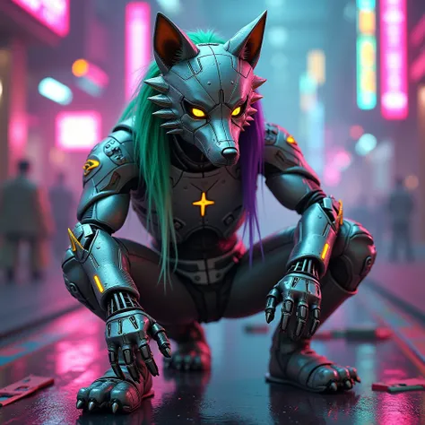 " A robotic character inspired by an anthropomorphic wolf ,  with a futuristic and elegant design .  His body is metallic and stylized ,  with predominant colors such as silver and purple ,  accented with shades of neon green .  He has bright eyes of an in...