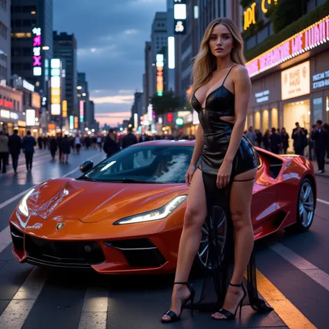   Imagine a dazzling scene  :   in a modern urban environment at dusk  ,   a supermodel is standing next to a luxurious sports car  .   The model has a slender and elegant figure  ,   wearing a tight evening dress that subtly reflects the lights of the cit...