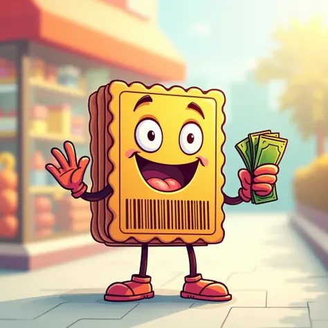  Cheerful and friendly character in the form of a discount coupon with barcodes on the body. It has , boca,  arms and legs with a wad of money in the hand.