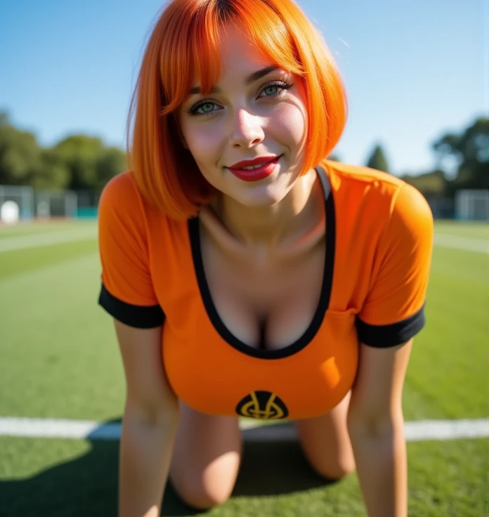 ((realism,  photorealistic , realistic photo , detailed skin)),  beautiful French supermodel girl ,  Bright orange hair  , short ripped bob haircut , red lips, reflections,  orange low-cut black cuff t-shirt with the Wolverhampton emblem,  detailed Wolverh...