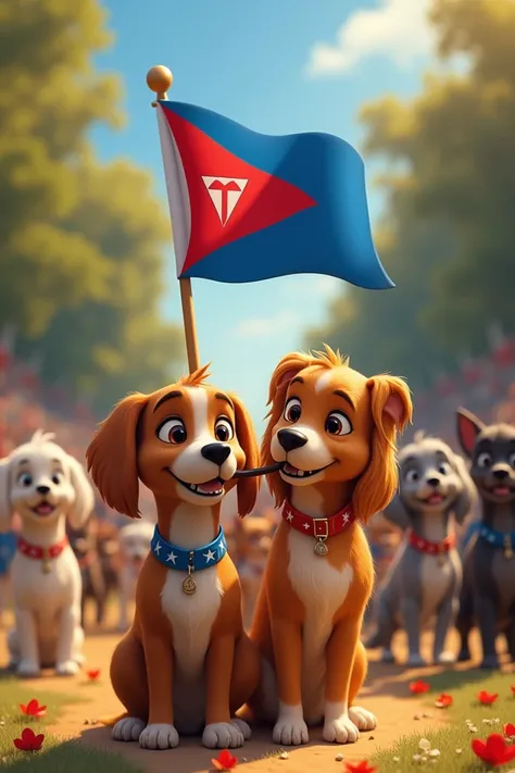  to play the lady and the bagabond the dog has to hold a flag with its mouth itself, And behind the Delta there have to be more dogs like demonstration  