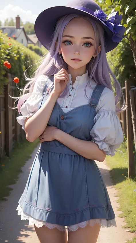 une jeune femme au cheveux long bleus pastel avec un dégradé rose et violet, elle porte un chapeau de paille Legé. elle porte également un petit gilet court en dentelle blanc, asymétrique, décolleté dévoilant une épaule,  elle a une mini jupe bleue usée. l...