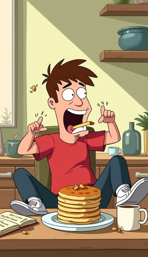 A brightly lit kitchen, drawn in the style of Family Guy. The thin character sits at the table, devouring a stack of pancakes in an exaggerated manner, with bits of food flying around. He wears the same red T-shirt, dark blue jeans and white sneakers. On t...