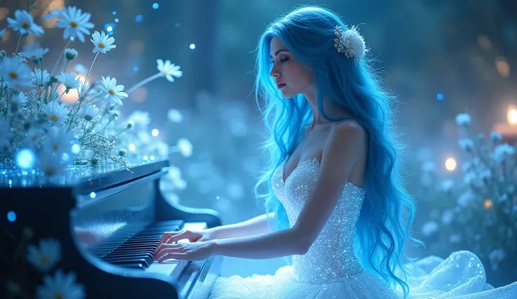  magic night white light real background , Distance fancy photography, The sexy realistic princess plays the piano,  long blue hair,  Beautiful blue eyes,  beautiful printed face  ,  beautiful lips,  bright magic flowers illuminate ,  who wears brilliant s...