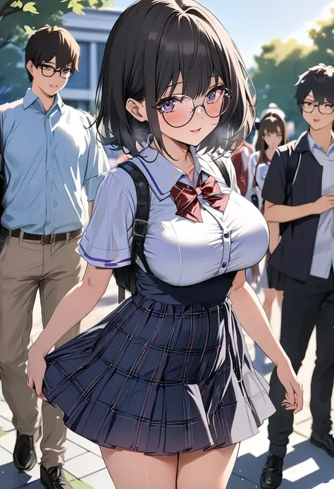 ((   best quality)), (( Masterpiece)), (    Details), (  1 Anime Girl   ),     sexy,   9 with dark hair and big breasts ０Female college student in CM  ,     short hair ,    young woman,   female college student with round glasses  , ((( woman standing on c...