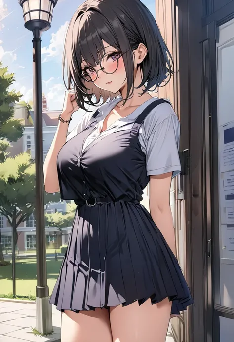 ((   best quality)), (( Masterpiece)), (    Details), (  1 Anime Girl   ),     sexy,   9 with dark hair and big breasts ０Female college student in CM  ,     short hair ,    young woman,   female college student with round glasses  , ((( woman standing on c...