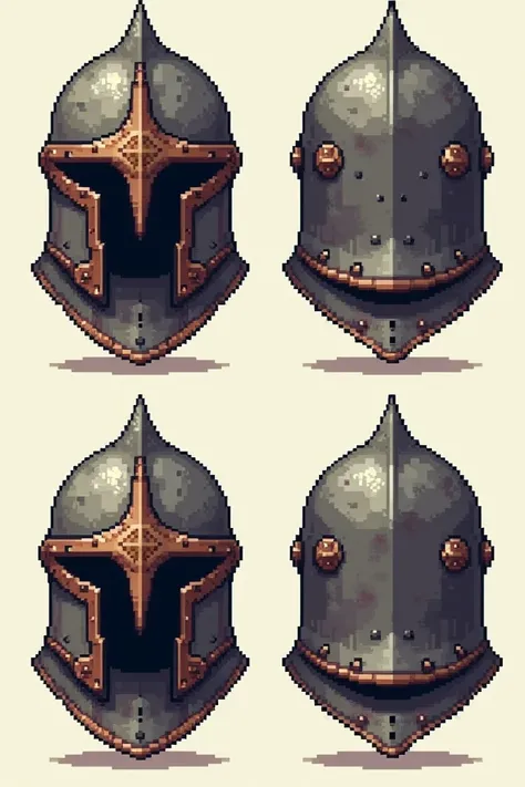 A knights helmet in pixel art in every rotation 